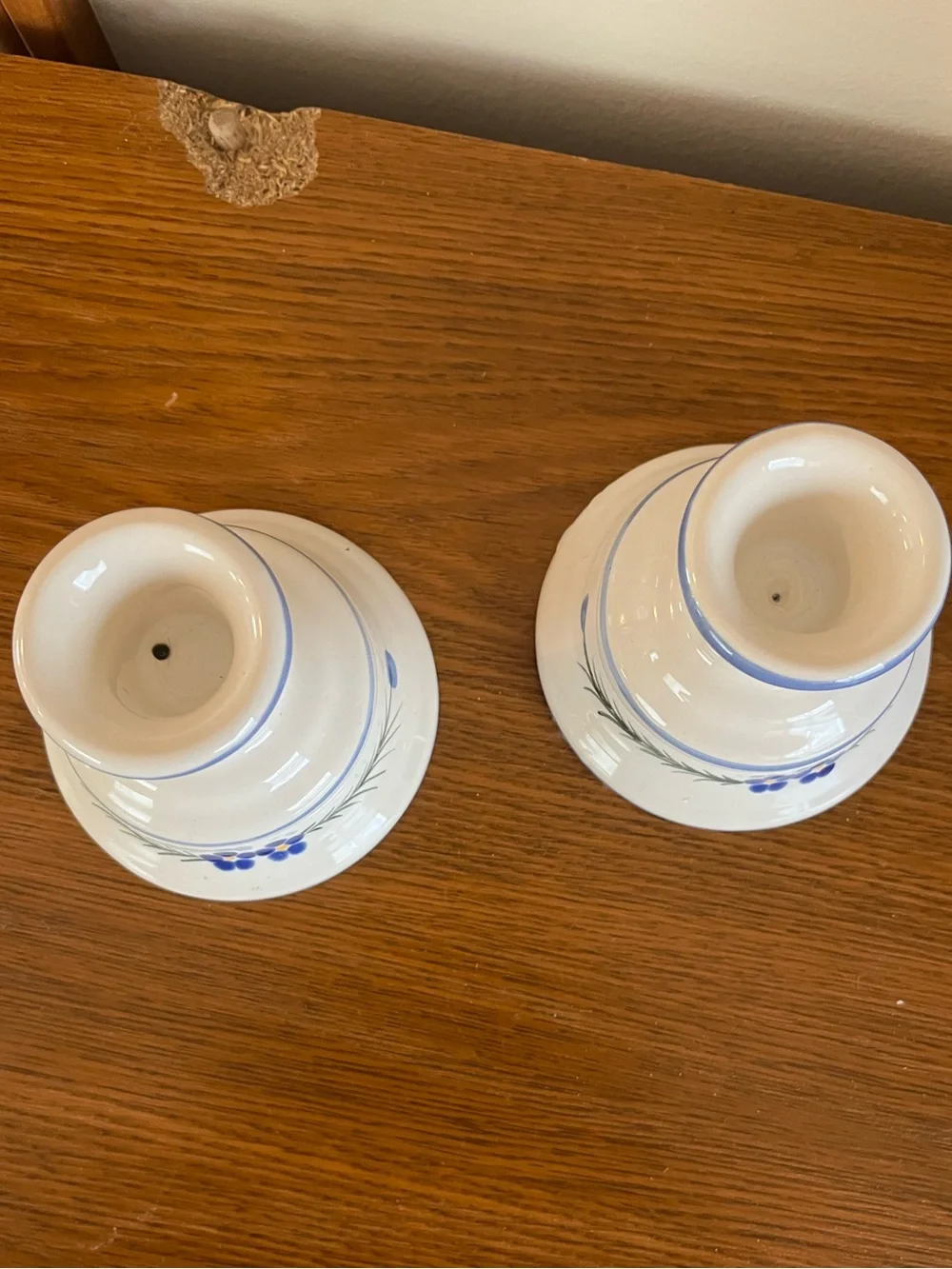 Ceramic Floral Candlestick Holders - White with Blue Flowers